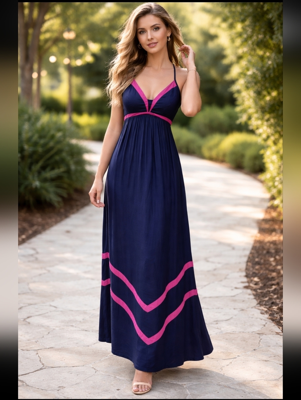 Navy Blue Maxi Dress w/ Hot Pink Trim Empire Waist V-Neck Size M Dainty Babydoll